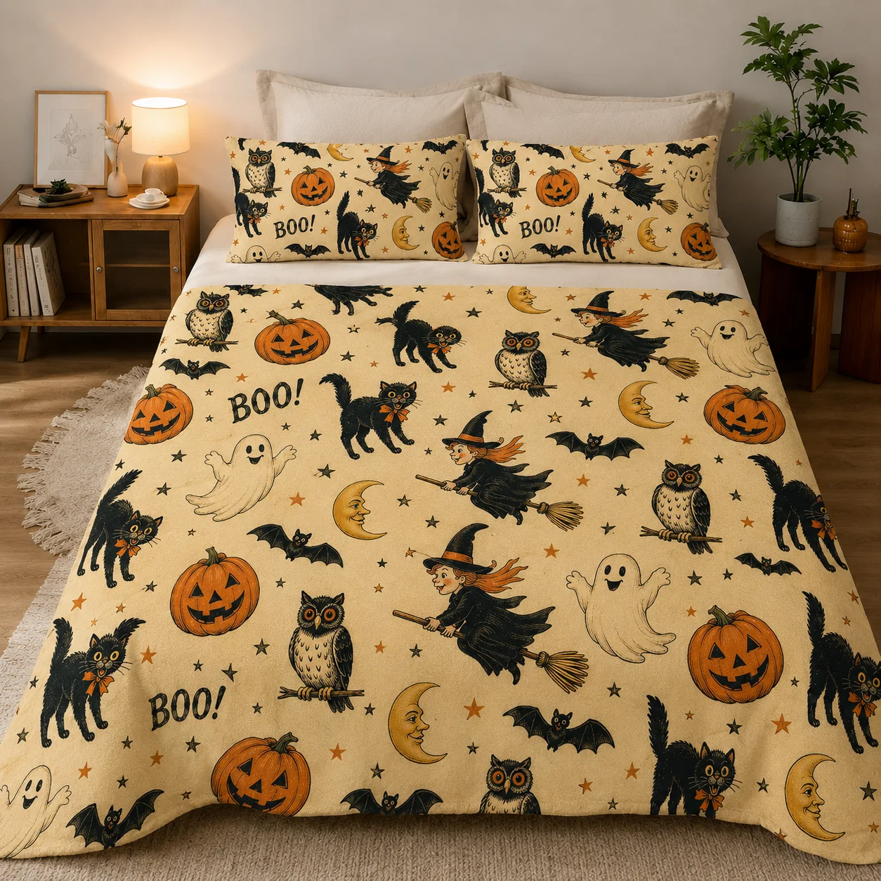 Vintage Halloween Flannel Blanket 3 Piece Set with 2 Pillow Covers, Witch Black Cat Ghost Pumpkin Owl Boo Throw Blanket for Bed Sofa Couch Bedroom Home Decor, No Pillow Inserts