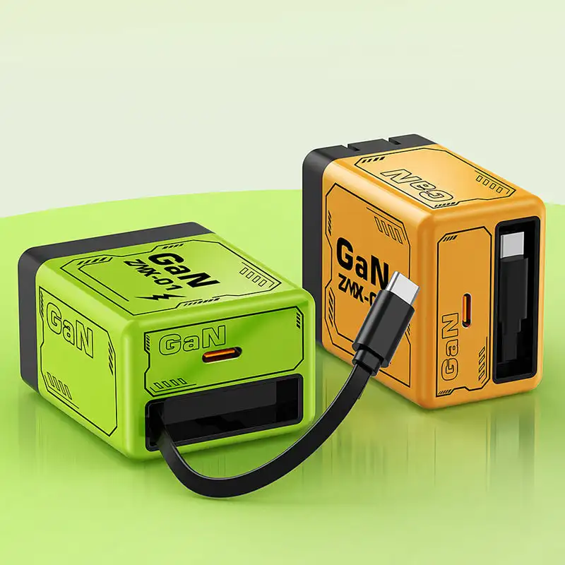 Pengisi Daya GaN 120W Dual USB C PD 3.0 dengan Kabel Dapat Ditarik - Colokan Lipat Pengisian Cepat untuk iPhone Samsung Huawei, 100-240V Perjalanan