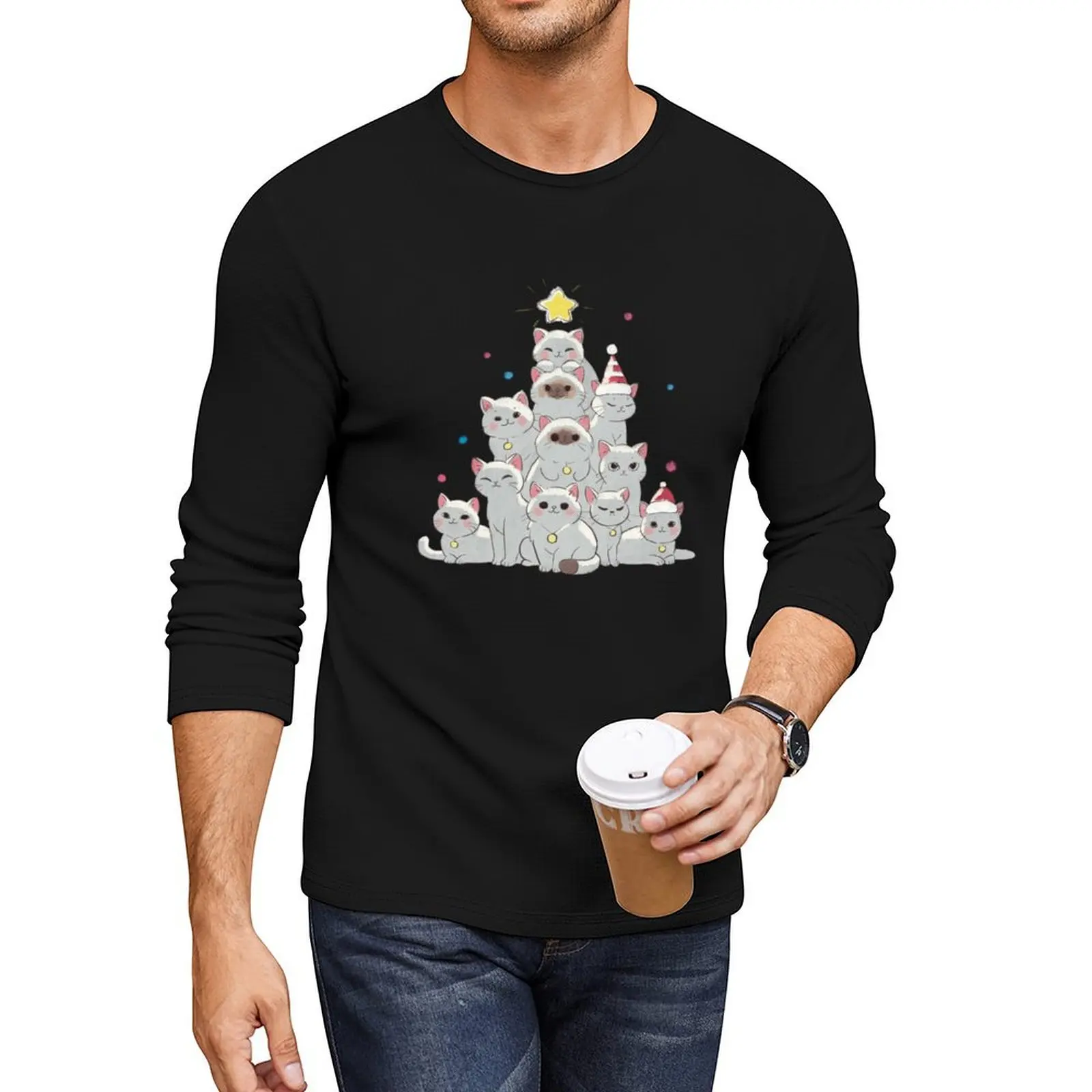 A Christmas tree made of cats, painted in watercolor. Long T-Shirt t-shirts man mens clothes