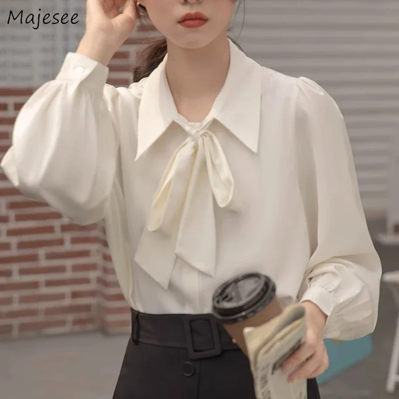 Korean Fashion Shirts Women Bow Design Turn-down Collar Popular Classic Office Lady Autumn Lantern Sleeve Harajuku Trendy Mujer