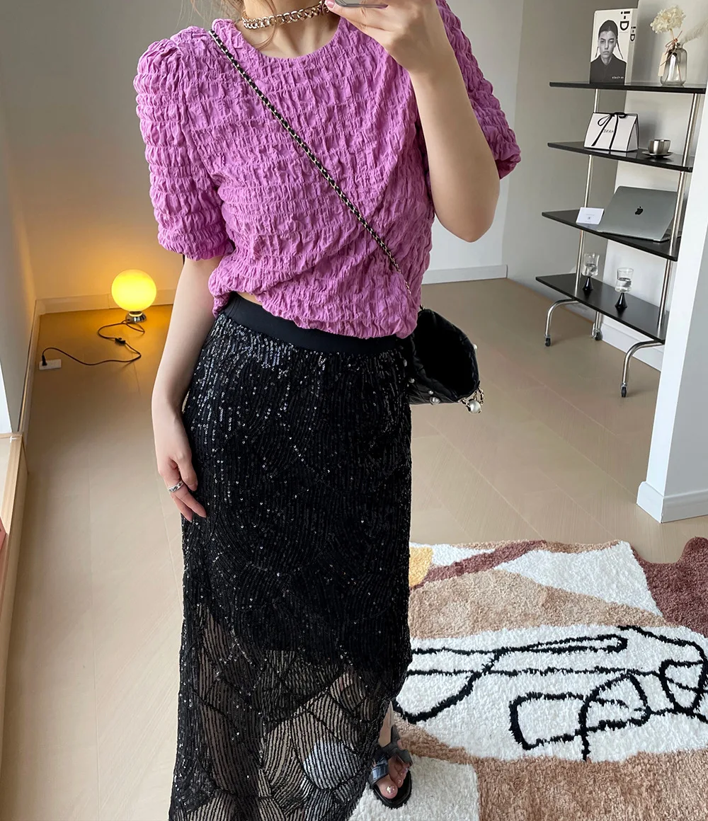 Sequins Midi Skirt Women\'s Clothing Layers Tulle Skirts Womens Black Thin Adult Tulle Skirts Elastic High Waist Pleated Straight