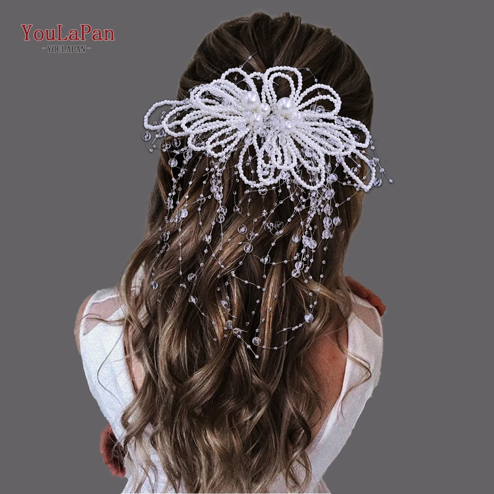 

YouLaPan Handmade Beaded Flower Hair Comb With Tassl Bride Headwear Elegant Women Pearl Wedding Headband Accessories HP717