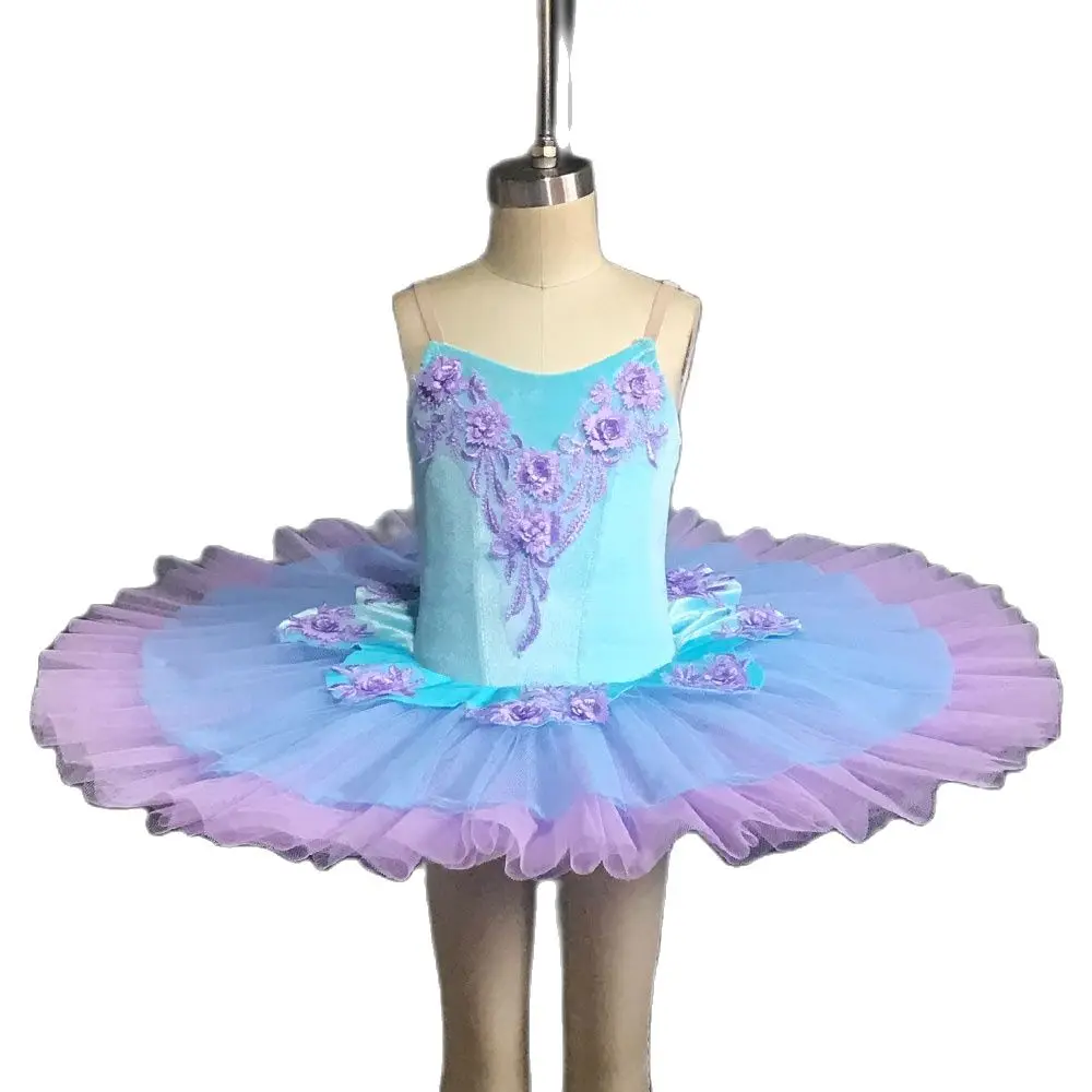 

BLL140 Aqua Blue Velvet Bodice With Lilac Flowers Pre-professional Ballet Pancaked Dance Costume Ballerina Dance Tutu