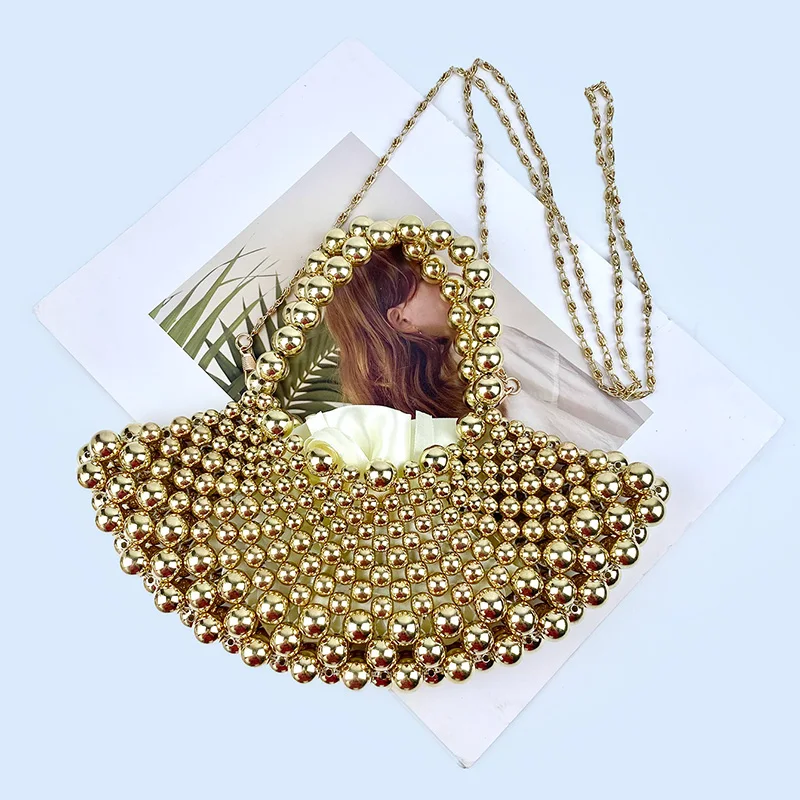 Summer haute couture niche handbag fan-shaped beaded bag for women 2024 new cross-body handmade hollow pearl bag