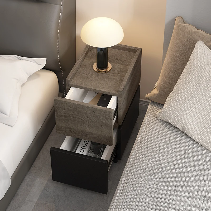 Modern bedroom bedside table with black background wooden splicing, combining aesthetics and practicality