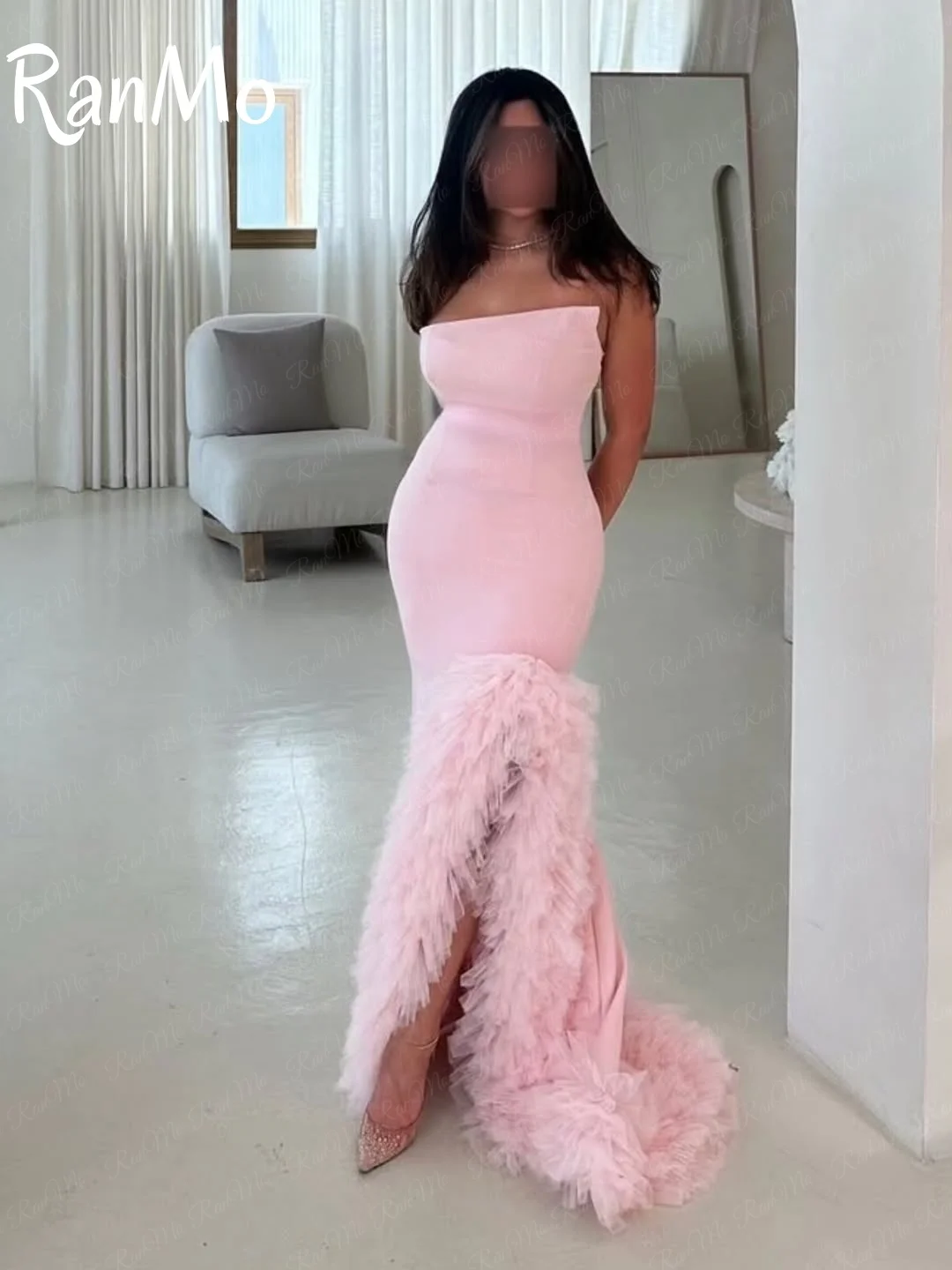 Ranmo 2025 платья для выпускного вечера без рукавов длиной до пола, розовый тюль, вечерние платья по индивидуальному заказу, бальное платье, Саудовская Аравия, платья de noiva