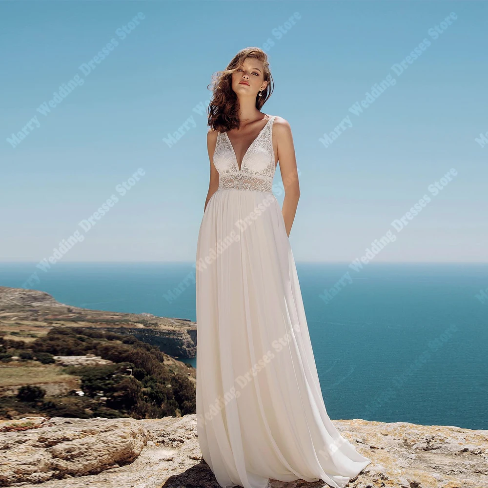 

Pretty A-Line Women Wedding Dresses Modern Sexy V-Neck Sleeveless Backless Bridal Gowns Mopping Length Robe De Mariee Customized
