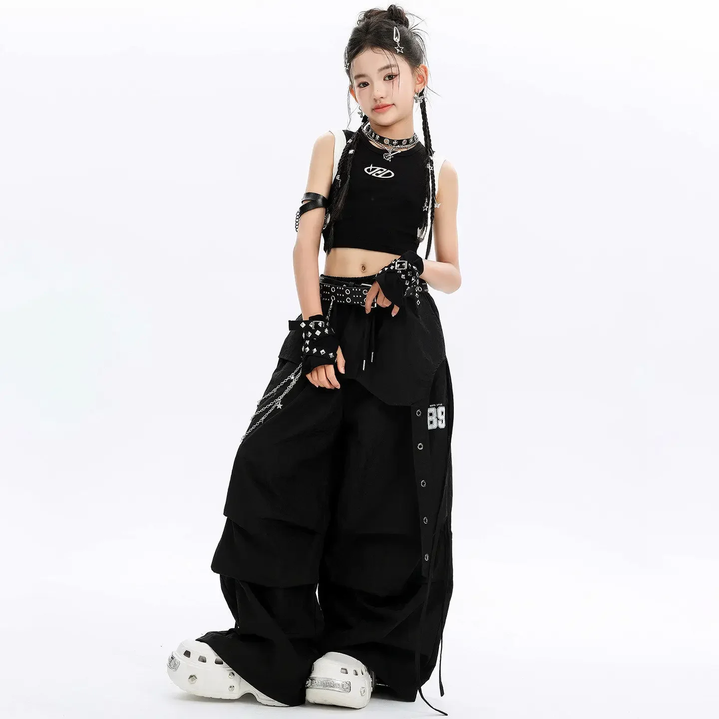 Kid Kpop Hip Hop Clothing Black White Side Cut out Crop Tank Overlay Patachute Baggy Pants for Girl Street Dance Costume Clothes