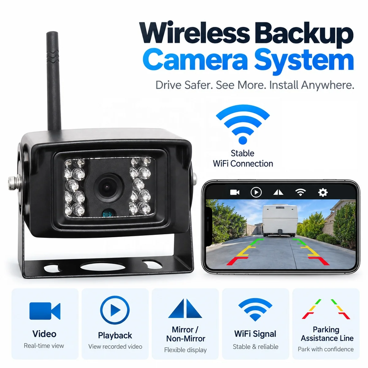 WiFi Wireless Car Rear View Backup Camera Phone Live View Infrared Night Vision IP69K Waterproof Heavy Duty Truck Trailer Camera