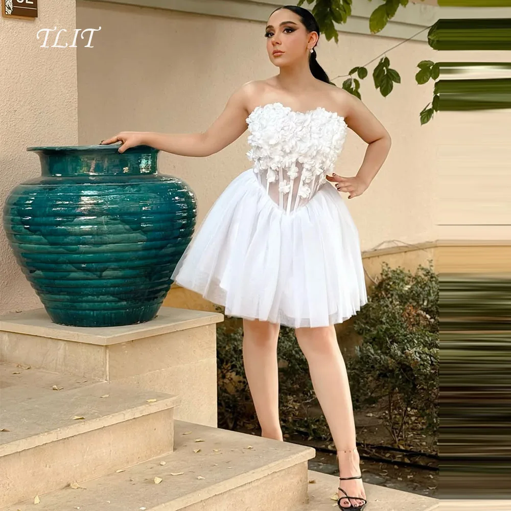 

TLIT Элегантное короткое шелковое тюлевое вечернее платье трапециевидной формы, платья без бретелек с аппликациями и цветами, платья для выпускного вечера по индивидуальному заказу, вечерние