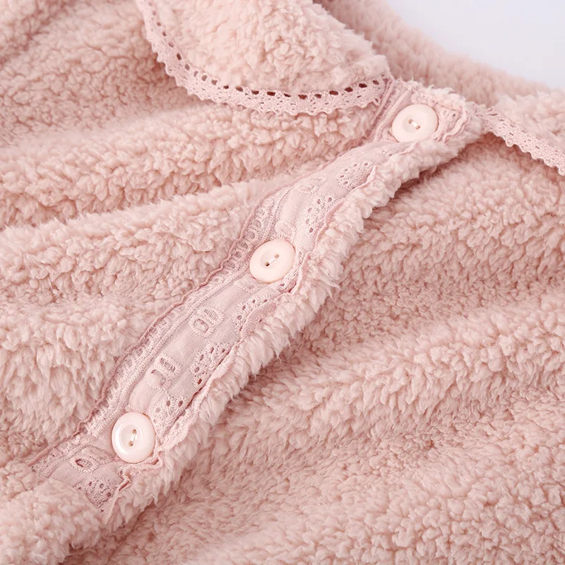 Soft Flannel Winter Warm Pyjamas Set Doll Collar Lace Edge Pajamas Set Women Sweet Cute Sleepwear Plush Thickened Loungewear Set