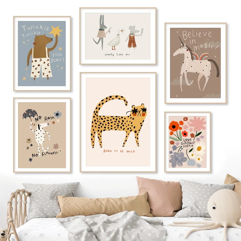 Toile d'art mural de dessin animé souris guépard lapin ours licorne, affiches et imprimés nordiques, images murales, décor de chambre d'enfant et de bébé