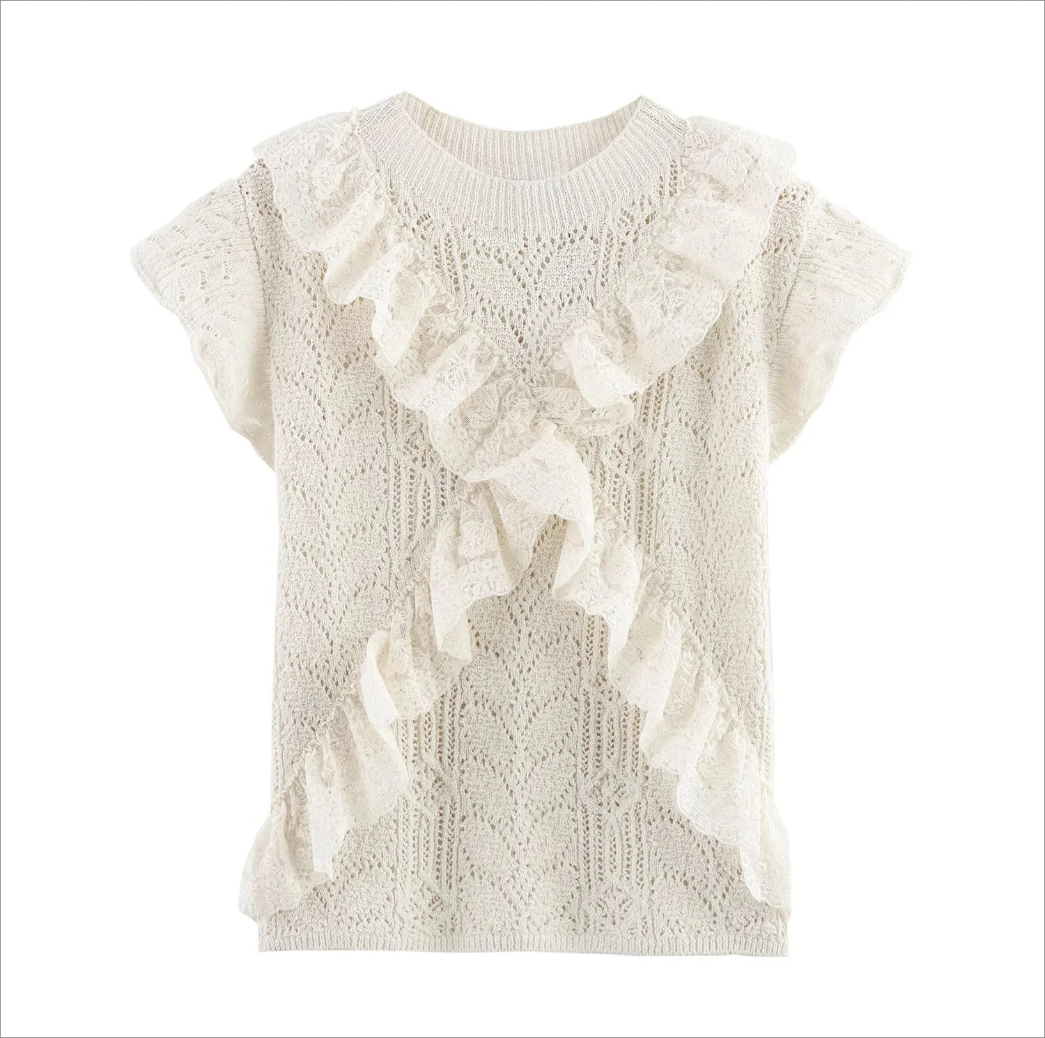 

2025 Spring New Casual Lotus Leaf Edge Hollow Knitted Shirt Fashion Versatile Women's Wear