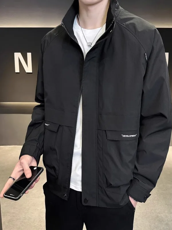 

Men's Slim Fit Stand Collar Jaet Spring Autumn Sle Youth Outerwear Casual Faion Workwear Polyester Long Sve Zipper