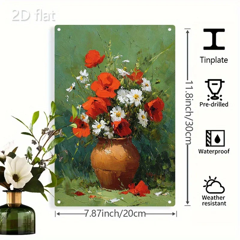 Vintage Floral Tin Sign 8x12 Inch Red Poppy Daisy Wall Art for Home Cafe Wedding, No Wiring Needed Durable Indoor Outdoor