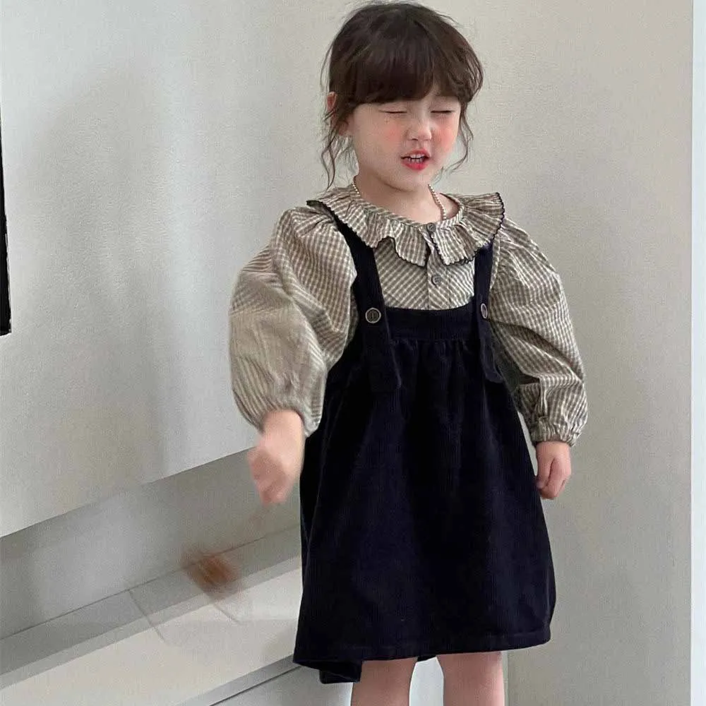 

Girls' Suit Autumn New Korean Version Lace Collar Plaid Shirt Strap Skirt Two-piece Suit Children Fashion Casual