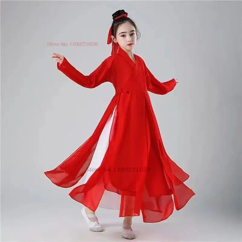 2024 chinese children folk dance costume vintage mesh tops+pants set chiffon stage dance wear retro performance princess hanfu