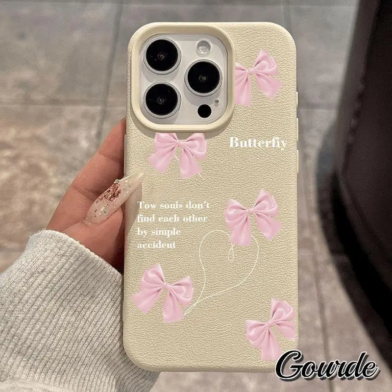 

Gourde Aesthetic Pink Bow Premium Leather Texture Phone Case for Iphone 16 15 14 12 13 Pro Max Ip 7 8 X Xr Xs Shockproof Cover