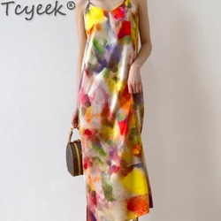 Tcyeek 93% Mulberry Silk Dresses for Women Summer Beach Dress 2024 Long Elegant Women's Dresses V-neck Sling Dress Vestido Mujer