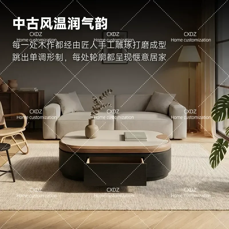 Medieval Style Solid Wood Retractable Coffee Table Retro Multi Functional Living Room Center Table With Storage Advanced