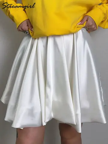 Streamgirl Weißer kurzer Ballonrock für Frauen, glänzend, elegant, A-Linie, schwarzer Satin, Knospenröcke, weiblich, rosa Minirock, Damen, Seide