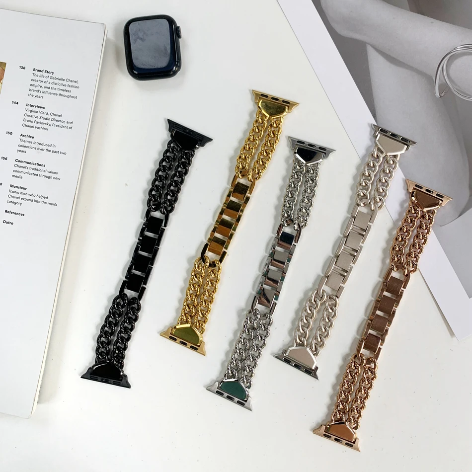 Metal Strap For Apple Watch UItra 8 7 49mm 45mm 44mm Fashion Dual Chain Watch Band For iWatch Series 6 5 SE 4 3 42mm 40mm 38mm