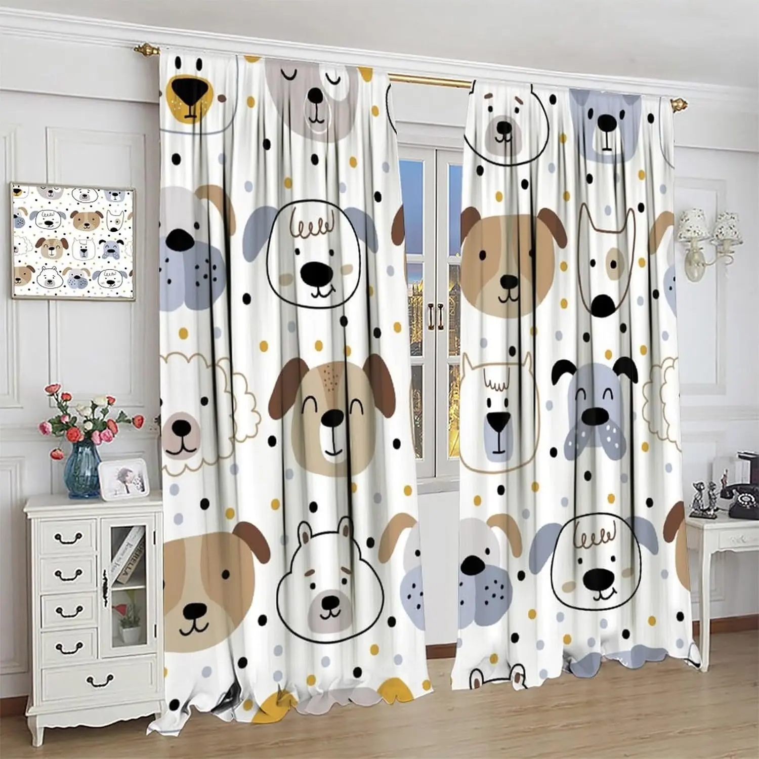 Cute Dog Curtains for Kids, Childish Cartoon Dogs Pet Window Treatments Girls Boys Funny Puppy Pets Drapes for Children Bedroom
