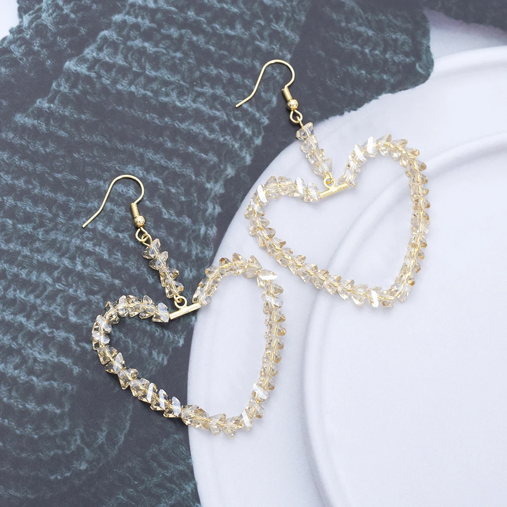 Shiny Glass Handmade Beaded Large Heart Earrings For Women Luxury Imitation Crystal Party Vacation Jewelry Wedding Decoration