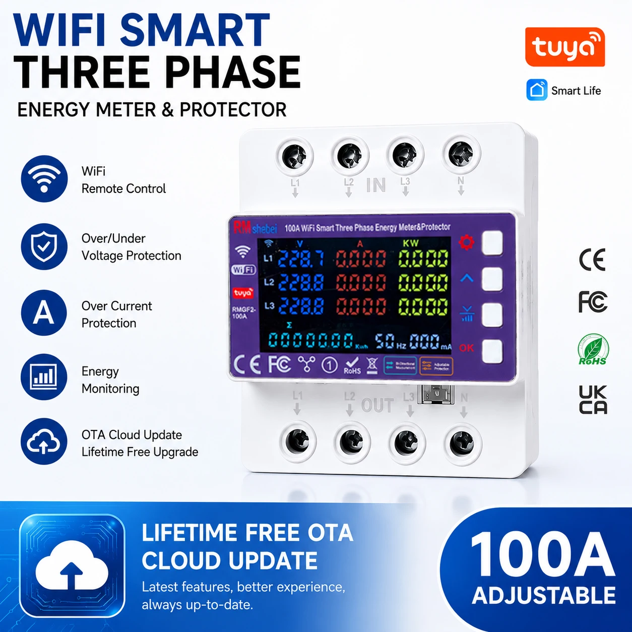 Tuya WiFi Smart Three Phase Energy Meter 100A DIN Rail Power Monitor Voltage Current Protection KWh Meter for Solar PV System