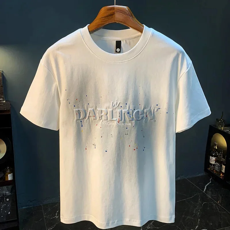 2026 Summer thin fashion high-end printed T-shirt men's 2026 trend embroidered paint splashed short sleeved top