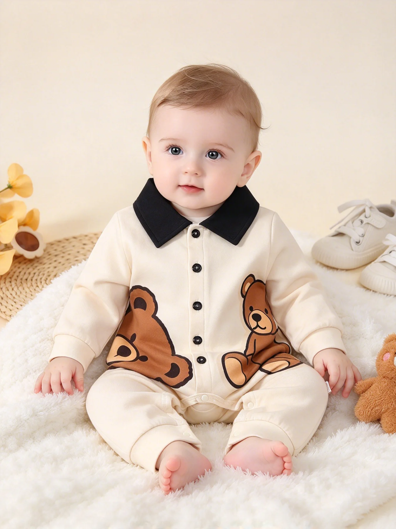 Baby Spring and Autumn Long-Sleeved Collared Romper with Cute Cartoon Bear Print, Newborn Onesie, Black Shirt Collar, Snap Button Design at the Crotch, Adorable Baby Crawling Suit, Suitable for Infants and Toddlers for Everyday Outings