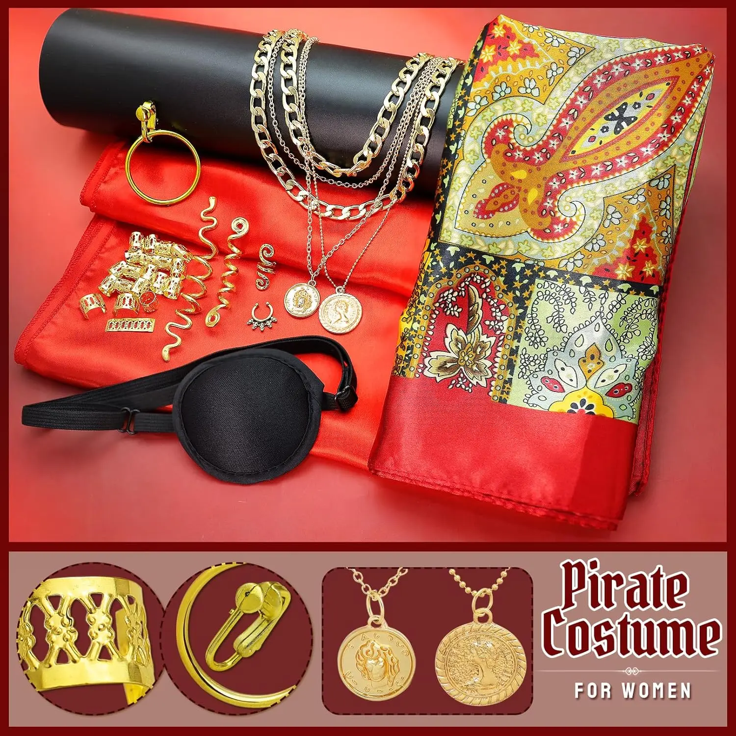 Pirate Costume Cosplay Party Accessories Pirates Eye Patch Mock Silk Headscarf Belt Skull Stocking Necklace Set Jewelry Women