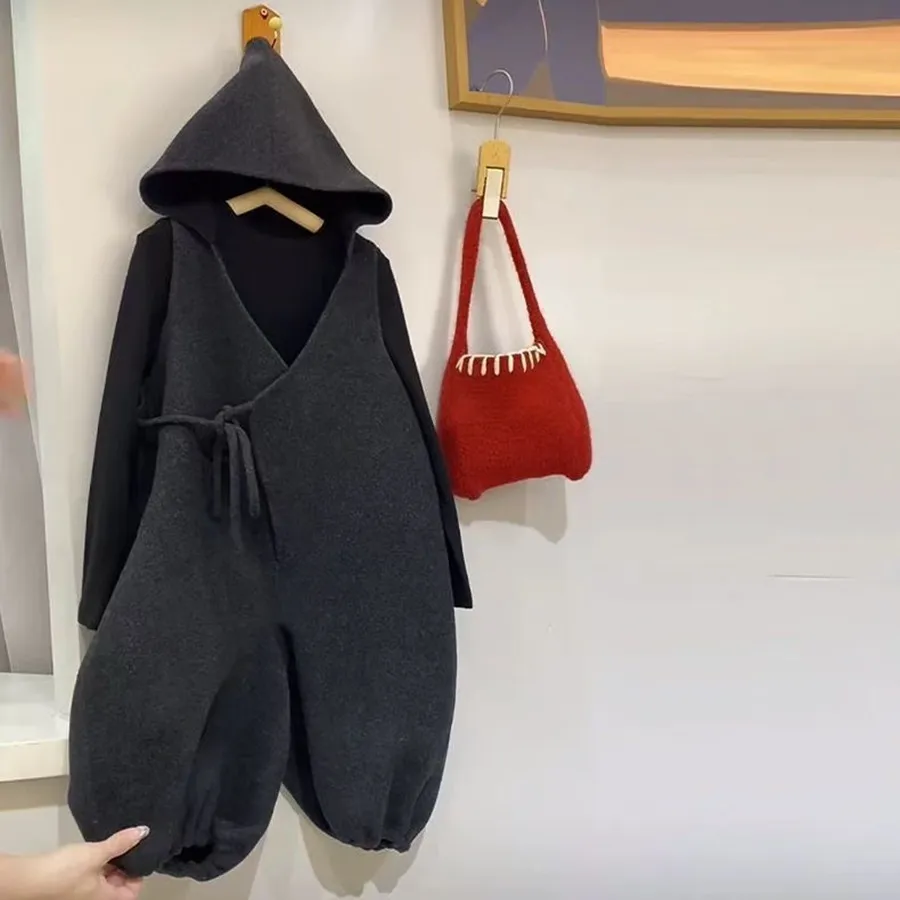 

Children's Clothing Set Autumn And Winter 2026 New Boys' and Girls' Hooded Woolen jumpsuit+T-shirt Two-piece Set