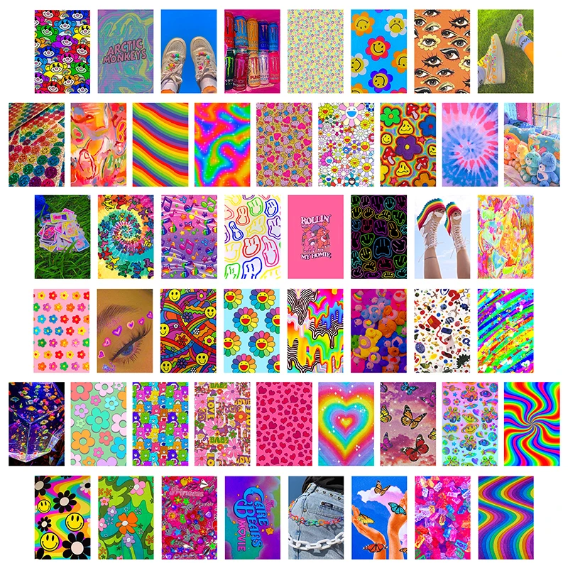 50Pcs 50Pcs diy Y2K color heart card wall collage poster Home decoration bright card group creative large background wallpaper