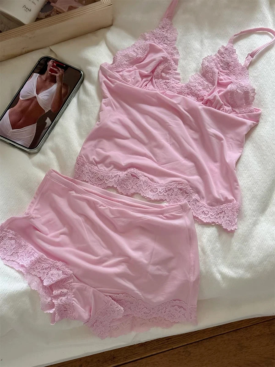 Pink Lace Trim Bra Sets Woman Sexy Triangular Cup Seamless Bras+Low Waist Boxer Briefs Solid Soft Comfort Underwear 2 Piece Set