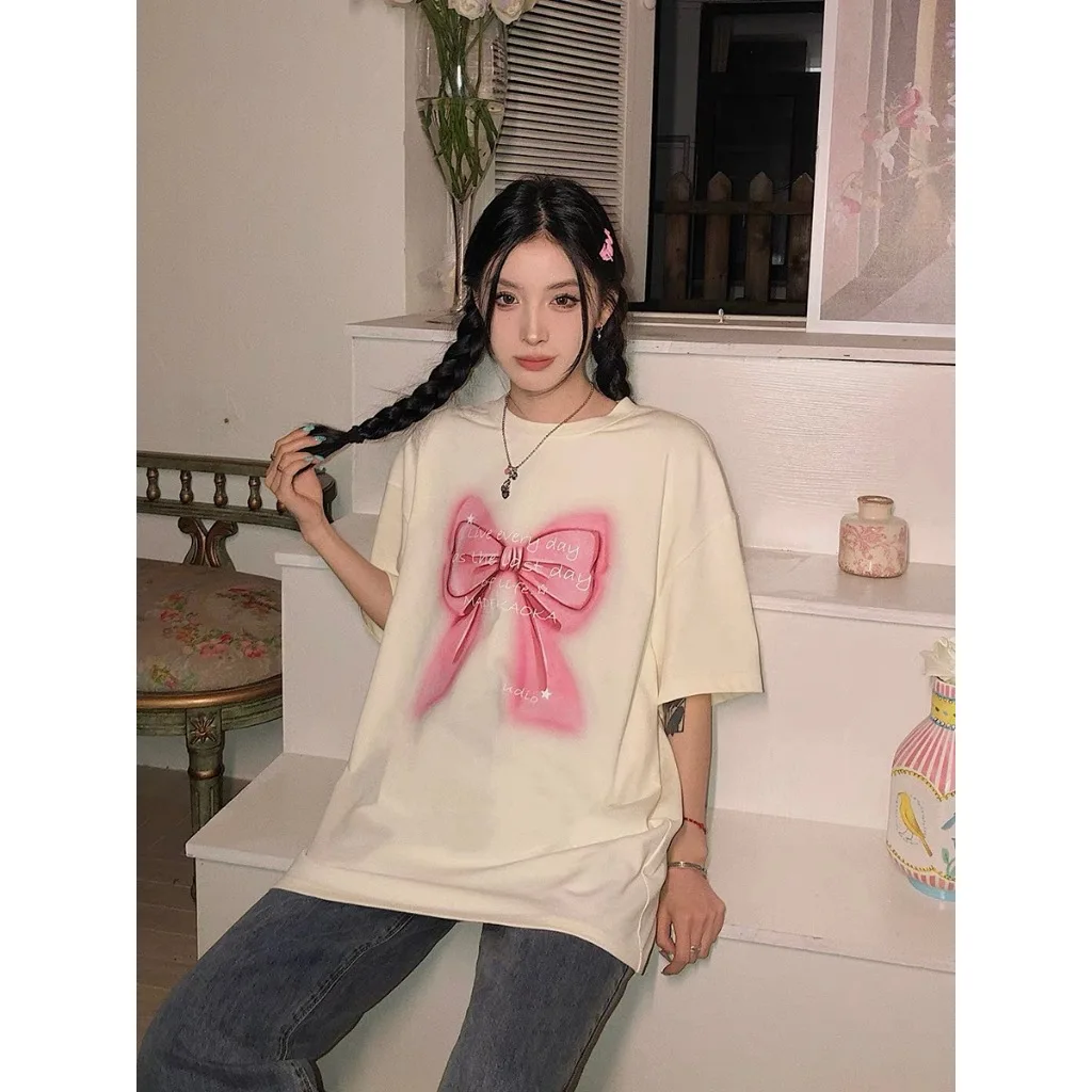 Moda arco padrão impressão 100% algodão branco camiseta y2k mulher novo verão solto conforto casual manga curta camiseta roupas femininas