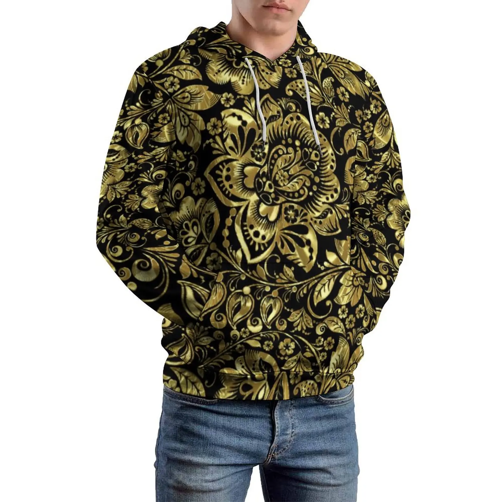 

Shiny Gold Baroque Loose Hoodies Black Floral Damasks Aesthetic Pullover Hoodie Men Long Sleeve Oversized Casual Design Clothing