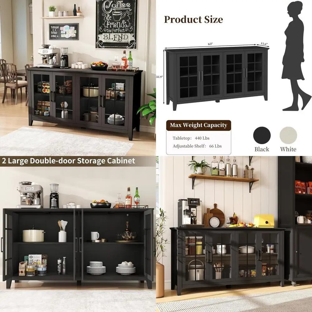 

63 Inch Sideboard Buffet Cabinet with 4 Glass Doors, Coffee Wine Bar Storage Cabinet, Modern Buffet Table with Storage for Dinin