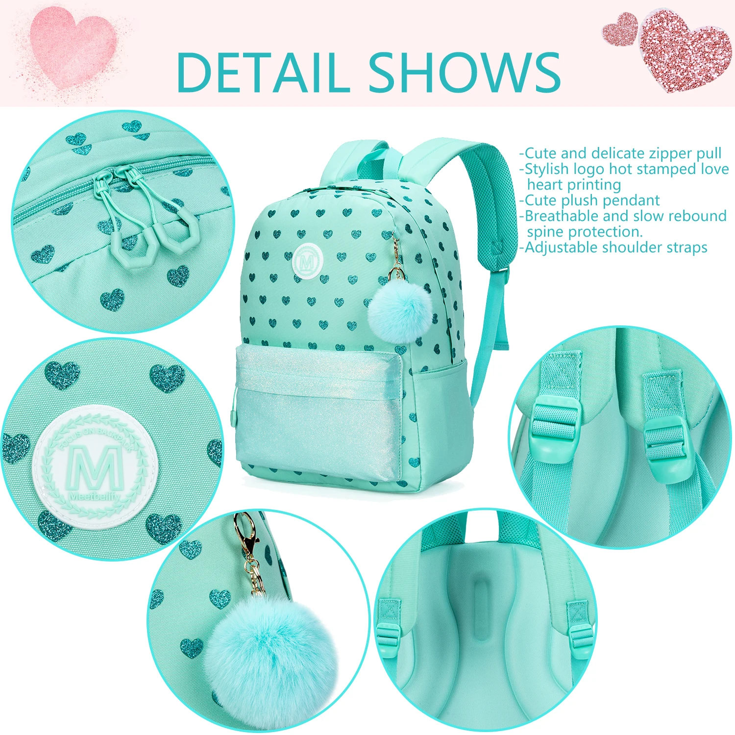 소녀를 위한 배낭 점심 가방과 필통이 있는 귀여운 학교 가방 다목적 여행 데이팟 여성용 경량 배낭