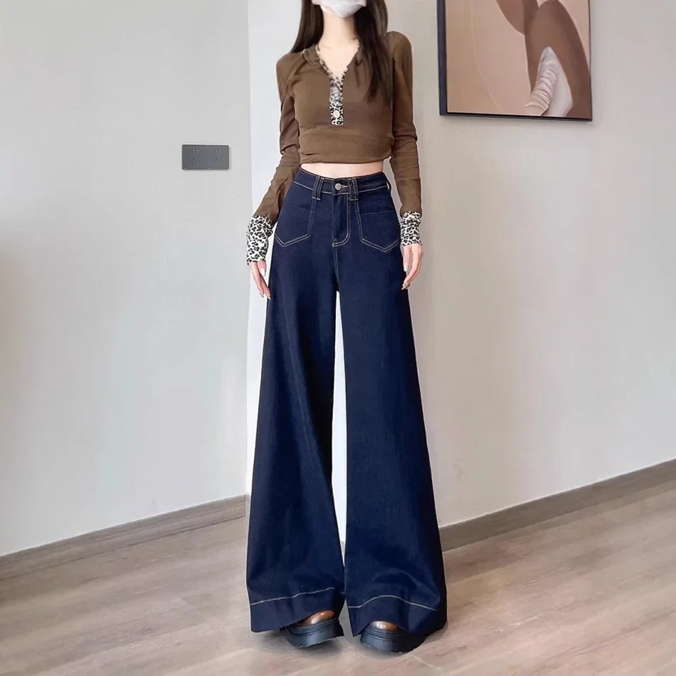 Wide Leg Pants Women Vintage Jeans Straight High Waist Washed Distressed Pockets Button Basics Floor Length Denim Trousers
