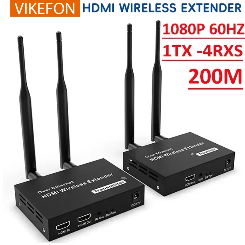 VIKEFON 1080P 200M 5.8GHz Wireless HDMI Transmitter Receiver Extender with IR HDMI Loop-Out For TV 1 TX-4 RX Audio Video