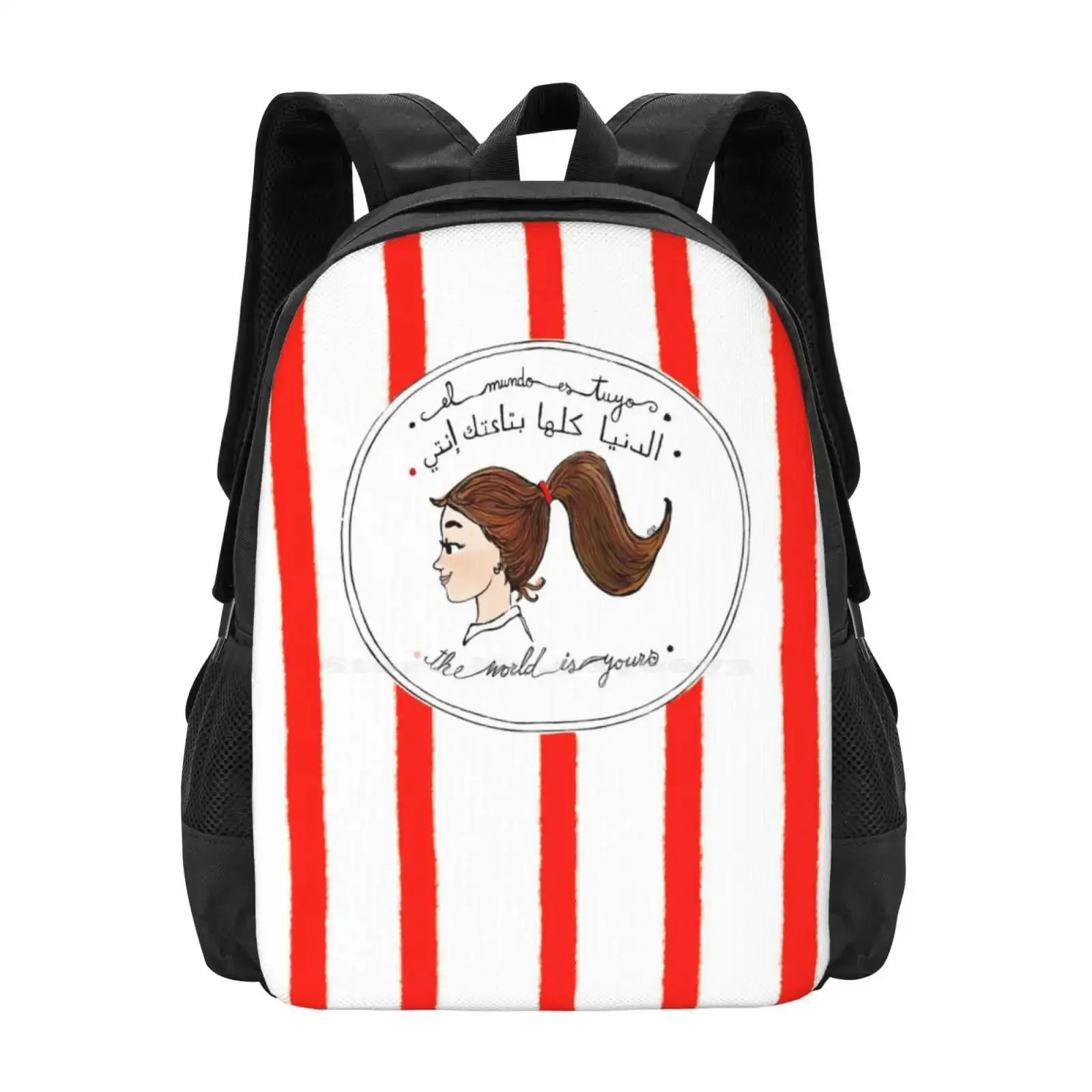 

The World Is Yours- Maria In Red Hot Sale Schoolbag Backpack Fashion Bags The World Is Yours White Woman Long Ponytail Stripes