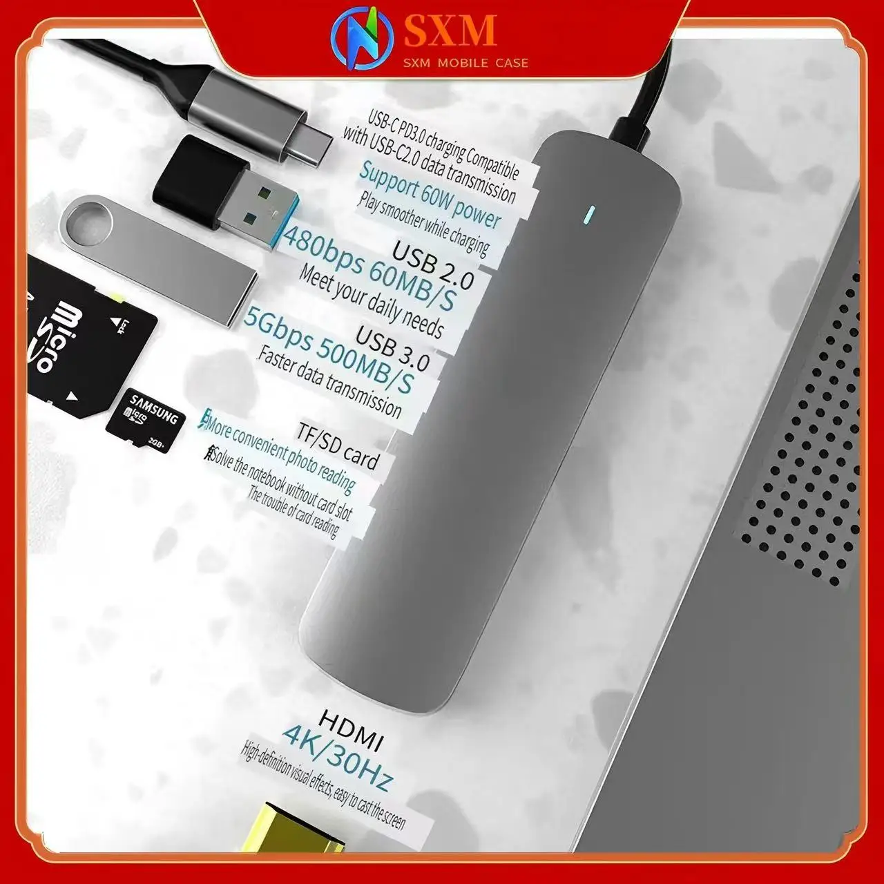

Type-c 6-in-1 usbhub3.0 breakout with PD100W charging and multi-function extender docking station