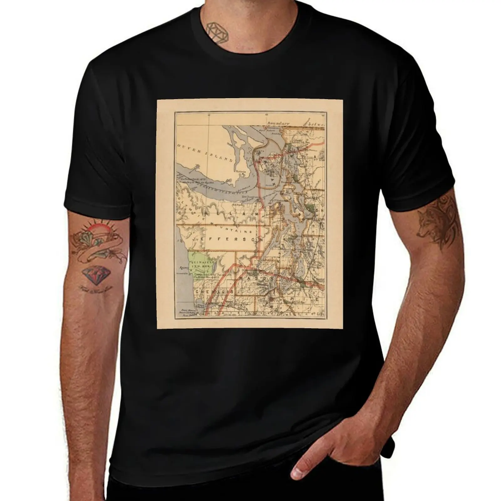 Vintage Map of The Puget Sound (1876) T-Shirt Simple Casual Short Sleeve Cotton T-Shirt