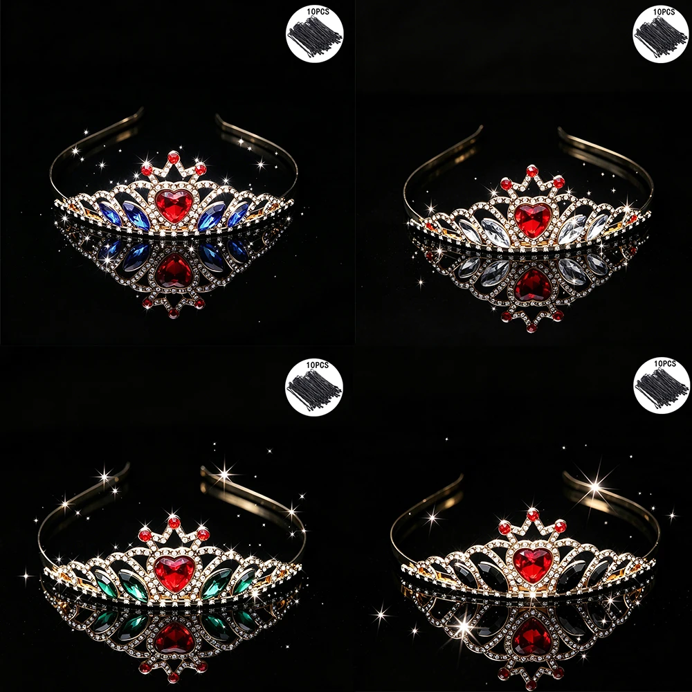 Heart Crystal Princess Tiara 4 Colors Optional Rhinestone Crown with 10Pcs Bobby Pins, Cute Royal Headpiece for Birthday Party