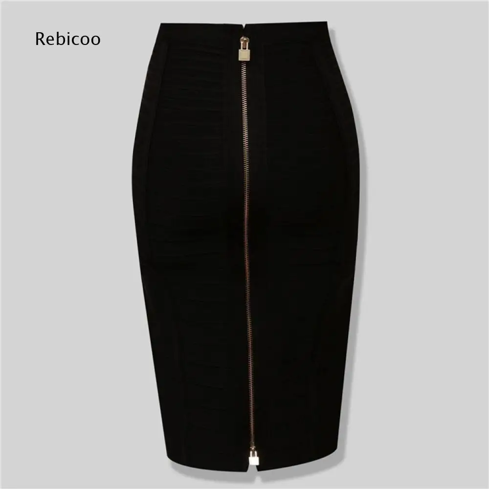 Ladies High Waist Midi Bandage Skirt Bodycon Cut Full Front Metal Zipper Detail For Business Events And Night Time Social Plans