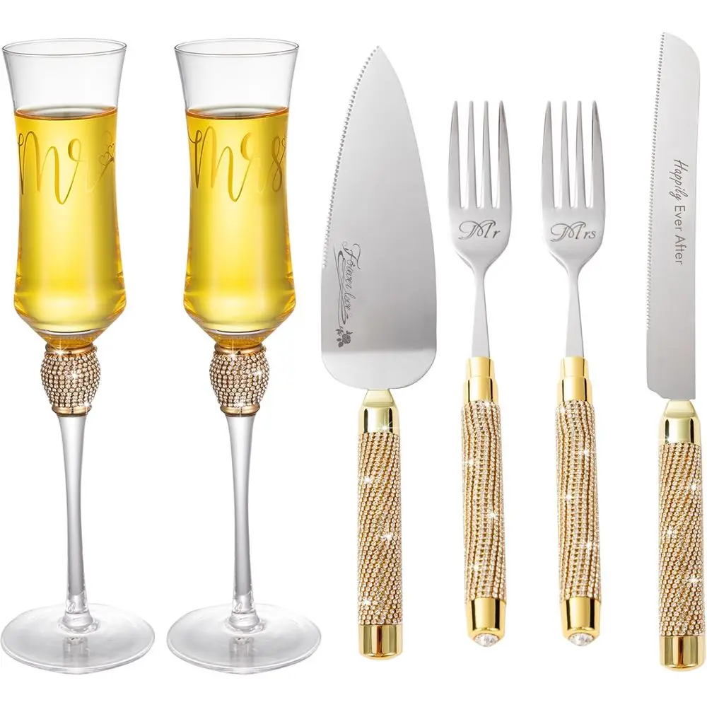 

Wedding Cake Knife and Server Set, Gold Cake Cutting Set for Wedding, Mr and Mrs Champagne Flutes for Bridal Shower Gifts, Engag