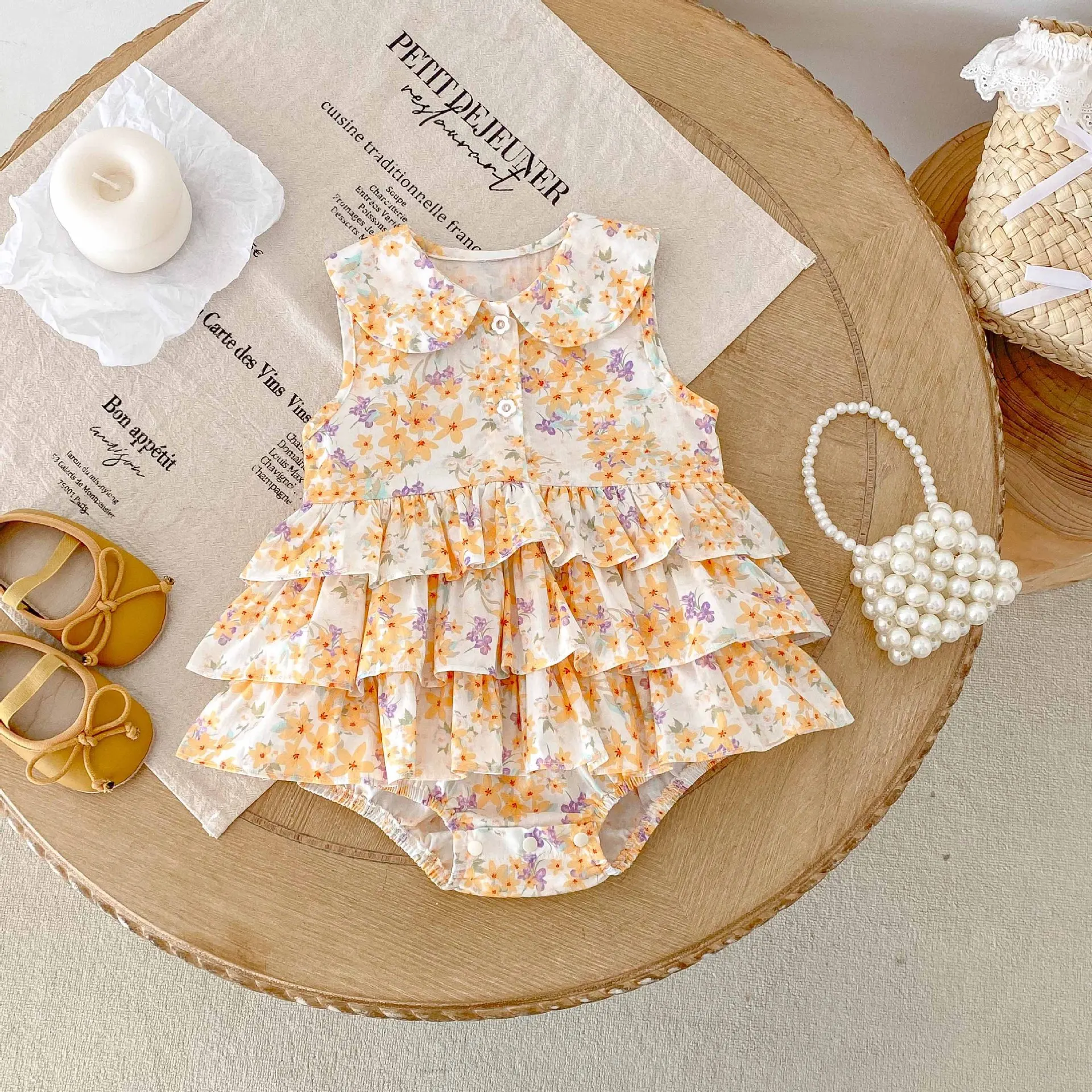 MILANCEL Baby Girls Summer Clothing 0-2Y Sweet Floral Peter Pan Collar Infant Bodysuit Cute Toddler One Piece Layered Dress