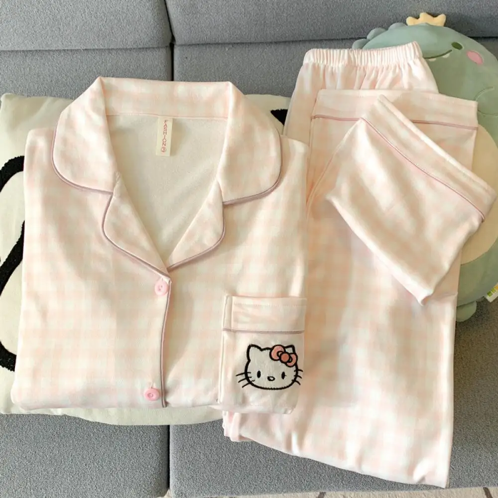Traje de pijama de dibujos animados de 2 uds para mujer Hello Kitty Sanrio Anime Kawaii invierno cálido dulce niñas lindas ropa de descanso de manga larga ropa de casa