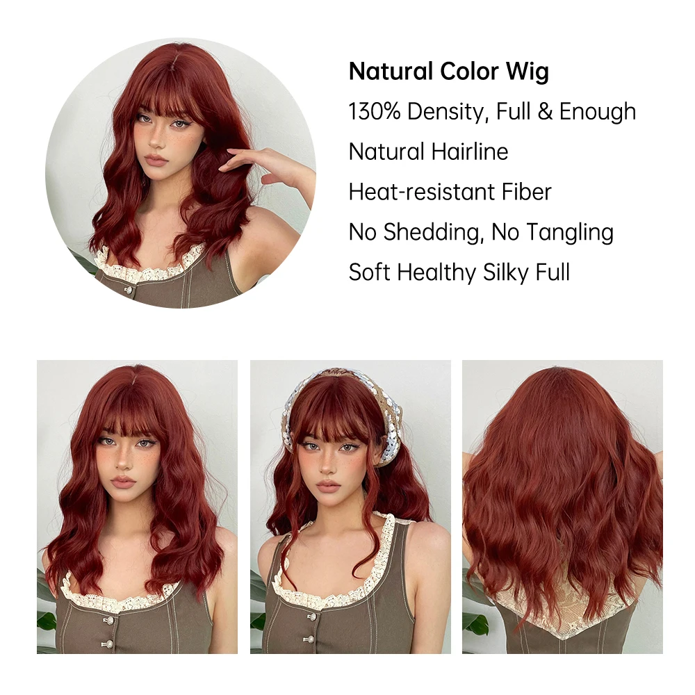 EASIHAIR Red Brown Short Bob Synthetic Wigs Women\'s Short Wavy Cute Cosplay Natural Hair Wigs with Bangs Heat Resistant Wig